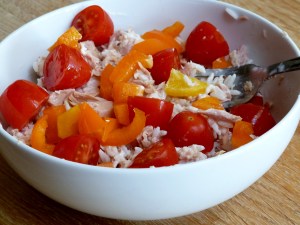 Rice salad - white rice with tuna and mayo, chopped baby plumb