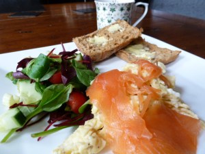 scrambled egg and smoked salmon with toasted Schar roll