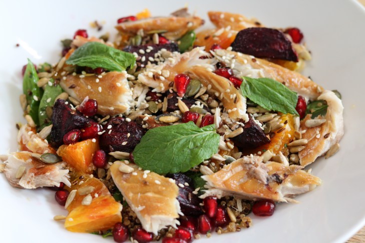 Roasted beetroot, blood orange and smoked mackerel with quinoa